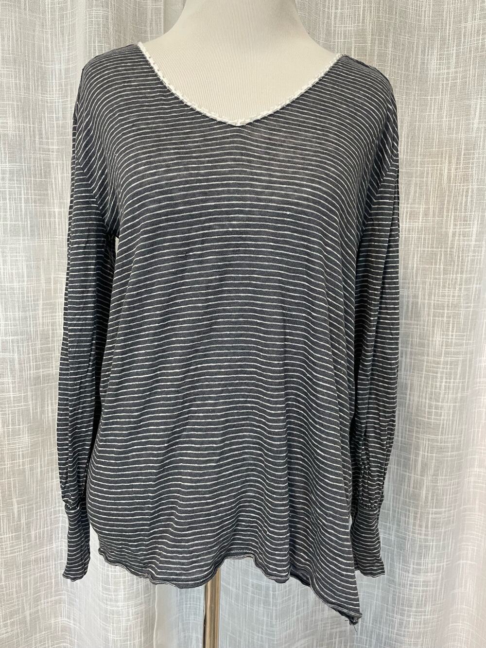 Sundance Womens Linen Long Sleeve Top S Navy Striped Lagenlook Basic Casual